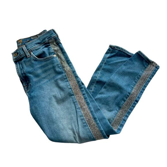 7 FOR ALL MANKIND EUC Blue High Waist Ankle Skinny Jeans  Silver stripe Size 30 - Picture 2 of 14